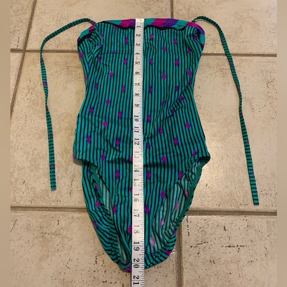 Vintage 80s 90s Teal Purple Magenta Stripe Strapless High Cut Swimsuit Small - Picture 6 of 6